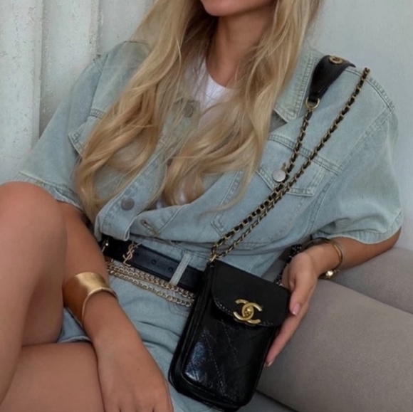 CHANEL CC Black purse Bag Set logo gold tweed chain crossbody phone wallet - Picture 7 of 9